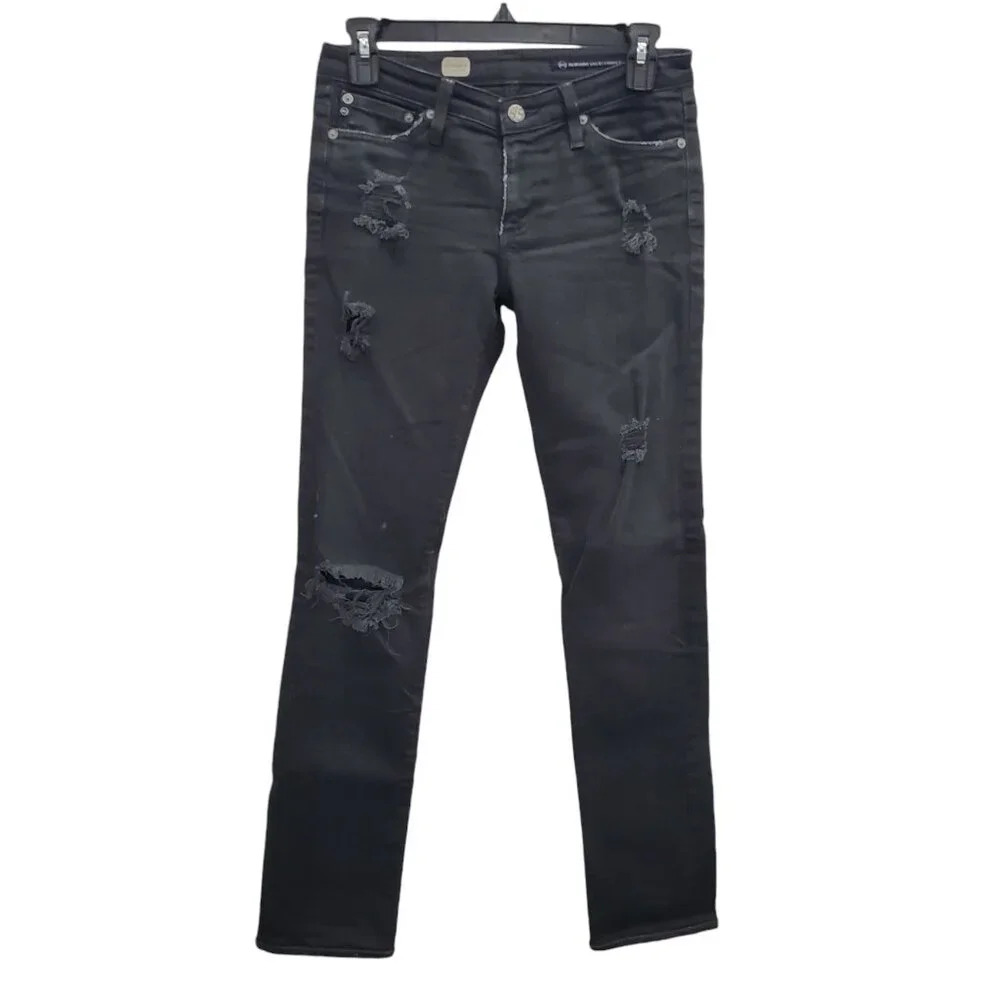 AG Adriano Goldschmied Premiere Skinny Straight Women's Black Ripped Jeans‎ 25R
